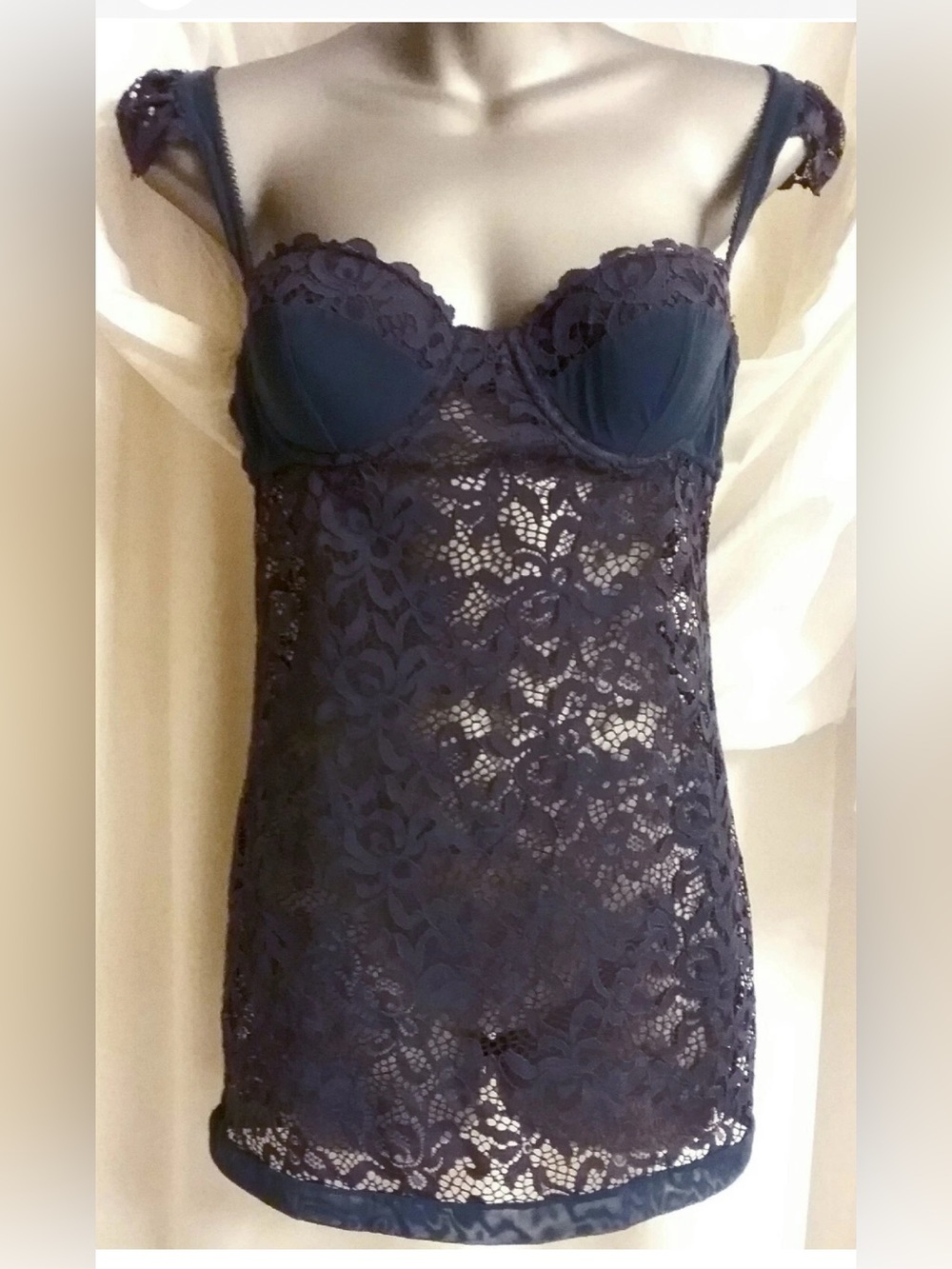Victoria’s Secret Sexy Little Things Lace Lingerie Bra Slip 36C Navy Blue Lounge